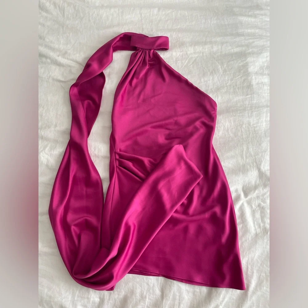 House of CB AIDA Hot Pink Asymmetric Wrap Neck Mini Dress | XS